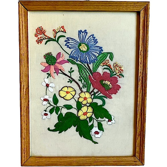 Vintage art mural topiaire brodé Crewel floral encadré